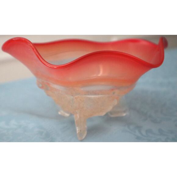 Vintage Sand Art Glass Trinket Bowl Dish Orange Red Ombre Footed Ruffled SIGNED - Picture 3 of 11